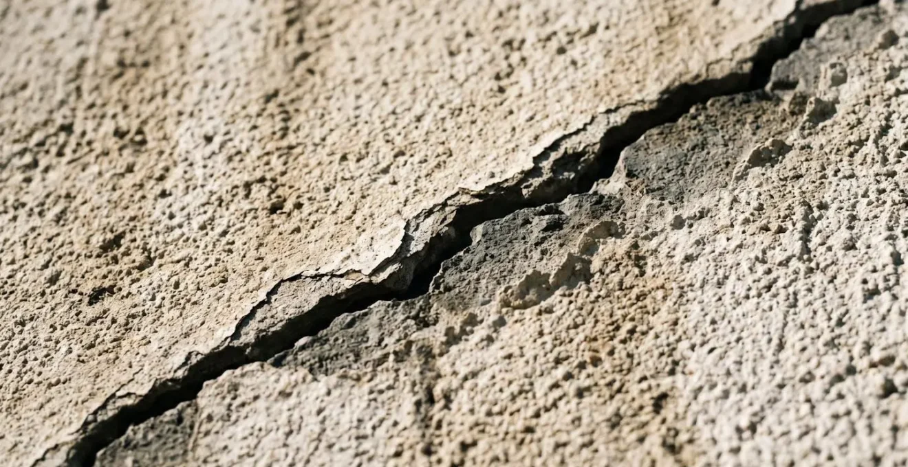 Gros plan d'une fissure structurelle de plus de 2mm traversant en diagonale un mur crépi beige, avec léger décollement de l'enduit visible