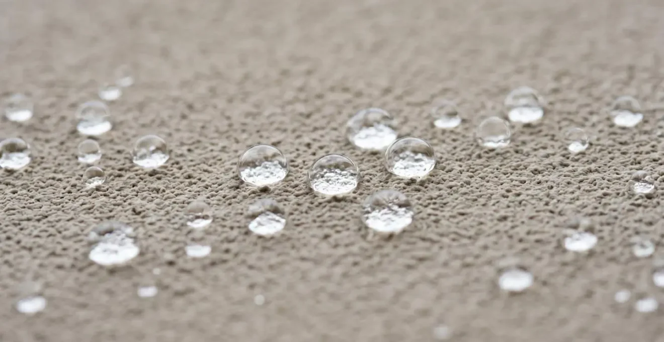 Gros plan macro de gouttes d'eau sphériques perlant sur une surface de façade traitée hydrofuge, démontrant l'effet imperméabilisant sans pénétration du matériau