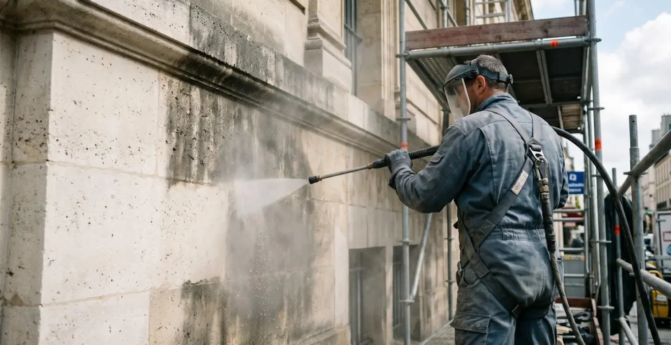 Technicien utilisant une lance d'hydrogommage sur un mur en pierre calcaire ancienne, créant un nuage de brume et révélant le contraste entre zone nettoyée beige clair et zone encrassée gris foncé