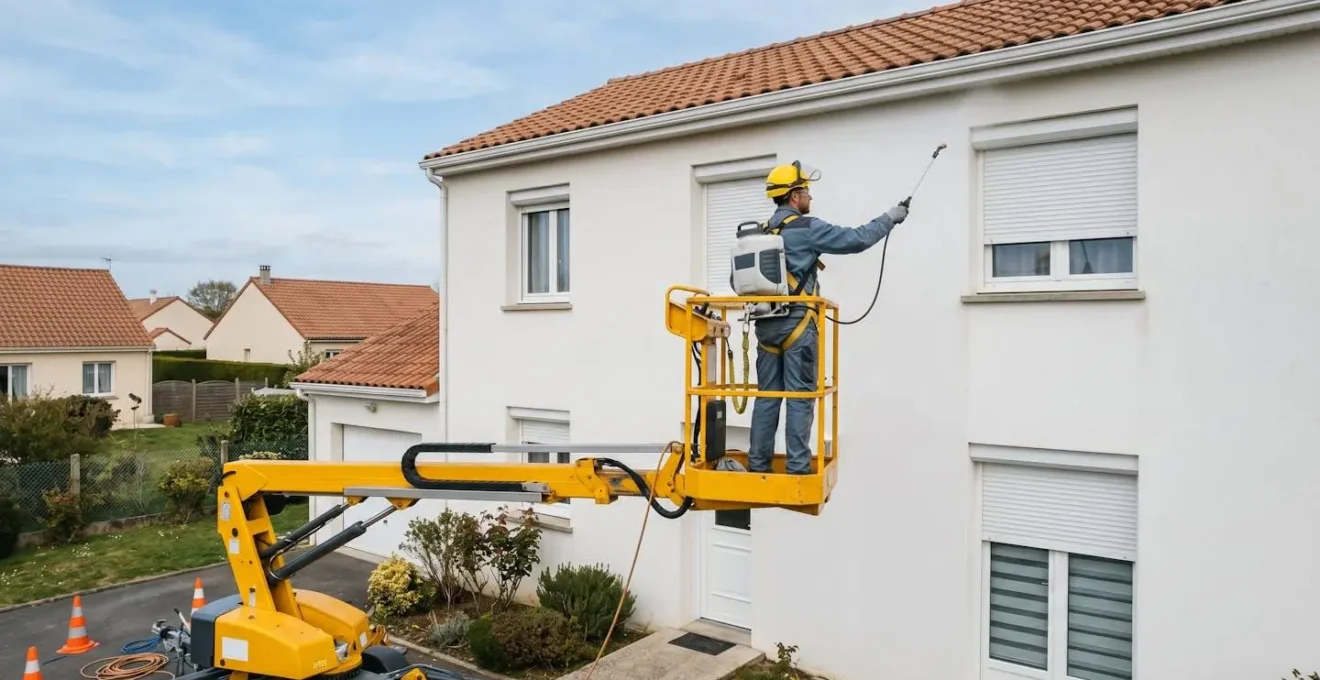 Technicien en équipement de sécurité sur nacelle élévatrice appliquant un traitement hydrofuge par pulvérisation sur la façade crépi blanc d'une maison individuelle française
