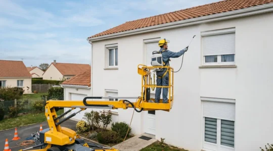 Technicien en équipement de sécurité sur nacelle élévatrice appliquant un traitement hydrofuge par pulvérisation sur la façade crépi blanc d'une maison individuelle française